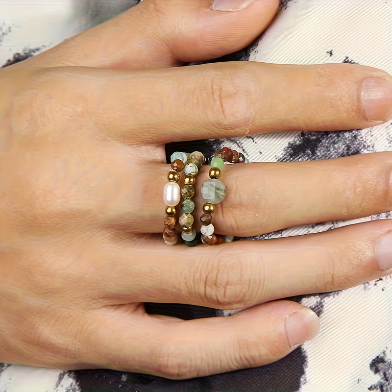 3pcs Bohemian Natural Stone Beaded Ring Set